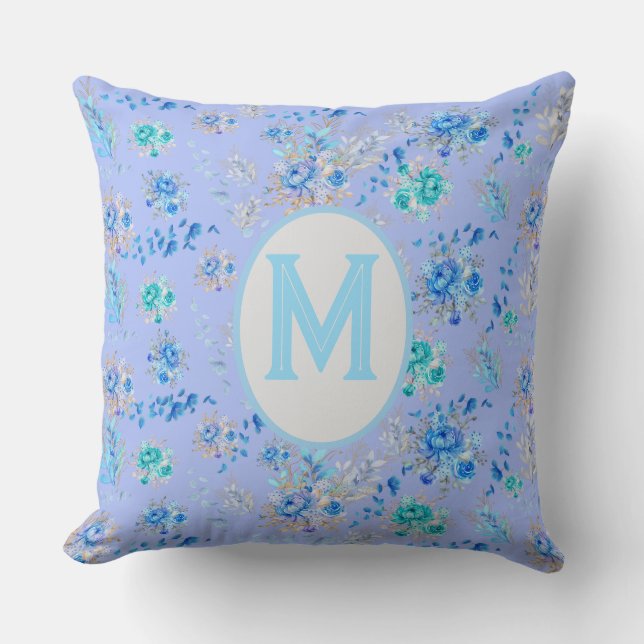 Vintage Blue Blommigt Monogram Kudde (Framsida)
