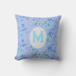 Vintage Blue Blommigt Monogram Kudde