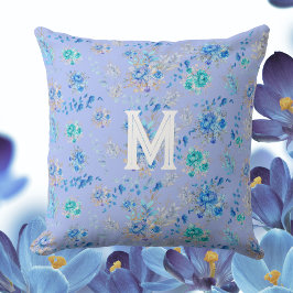 Vintage Blue Blommigt Monogram Kudde