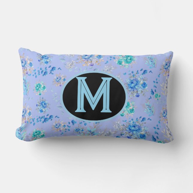 Vintage Blue Blommigt Monogram Lumbarkudde (Framsida)