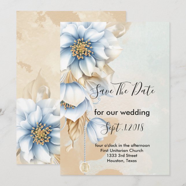 Vintage Blue-blommigt spara datum Inbjudningar (Fram/baksida)