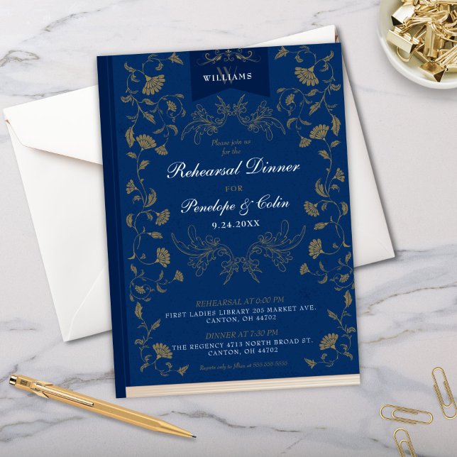 Vintage Blue Bok Cover Bröllop Rehearsal Dinner Inbjudningar (elegant navy blue and gold book cover theme wedding rehearsal dinner invitation with calligraphy)