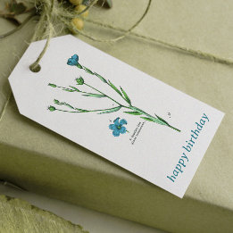 Vintage Blue Botanical Blommigt Flax Linum Birthda Presentetikett