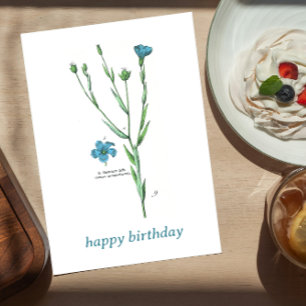 Vintage Blue Botanical Blommigt Flax Linum Birthda Vykort