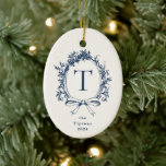 Vintage Blue Botanical Monogram Julgransprydnad Keramik<br><div class="desc">Vintage blue and soft beige botanical monogram frame,  ornament.</div>