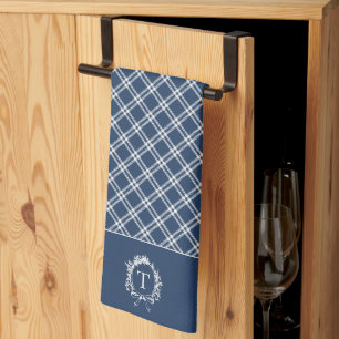 Vintage Blue Botanical Monogram Kökshandduk