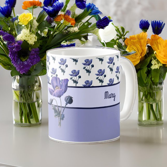 Vintage Blue Botanical Poppy med Monogram Kaffemugg (Skapare uppladdad)