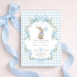 Vintage Blue Bow Bunny Boy Baby Shower Inbjudningar<br><div class="desc">Celebrate the upcoming arrival of a little bundle of joy with this charming bunny baby shower invitation! Featuring a heartwarming illustration of a baby rabbit adorned with bows, and surrounded by soft florals and greenery, this design is the perfect blend of sweet, playful, and elegant. Set against soft blue gingham...</div>