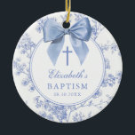 Vintage Blue Bow Floral Baptism Christening Julgransprydnad Keramik<br><div class="desc">These pretty baptism,  christening ornaments feature an elegant blue bow and stylish typography with a floral background and can be personalized with the name,  special date and photo on the reverse. Designed by Thisisnotme©</div>