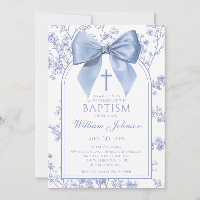 Vintage Blue Bow Floral Baptism Inbjudningar (Framsida)