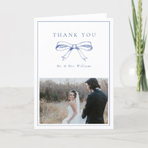 Vintage Blue Bow Mr. & Mrs Photo Folded Bröllop Tack Kort