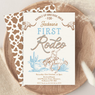 Vintage Blue Brown Cowboy First Rodeo 1:a födelsed Inbjudningar