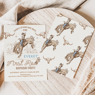 Vintage Blue Brown Cowboy Rodeo 1:a födelsedagen Inbjudningar