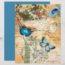 Vintage Blue Butterflies and Flowers Scrapbook Pap