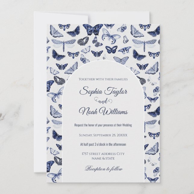 Vintage Blue Butterflies Inbjudningar (Framsida)