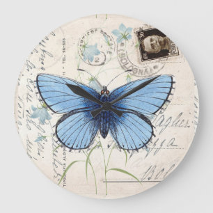 Vintage Blue Butterfly italiensk vykortsklocka Stor Klocka