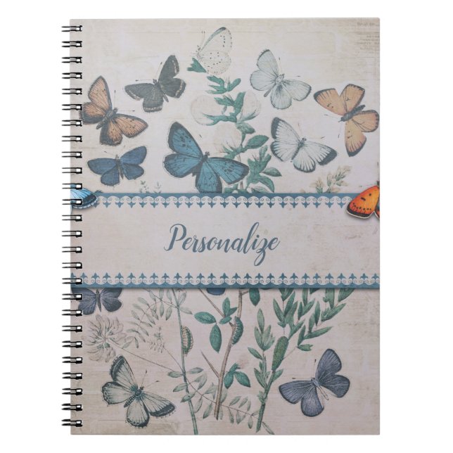Vintage Blue Butterfly Mönster Personlig Notebo Anteckningsbok (Framsidan)