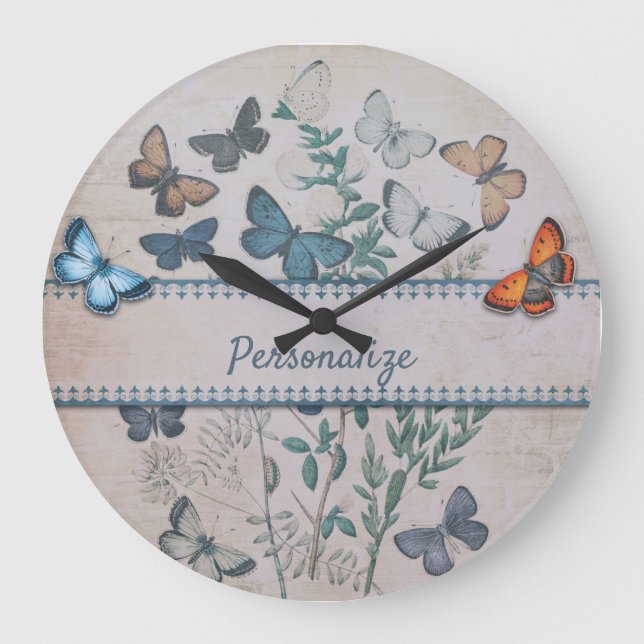 Vintage Blue Butterfly Mönster Personlig Stor Klocka (Framsida)