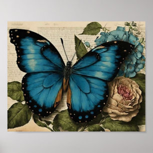 Vintage Blue Butterfly Rosa ros Blue Hydrangea Poster