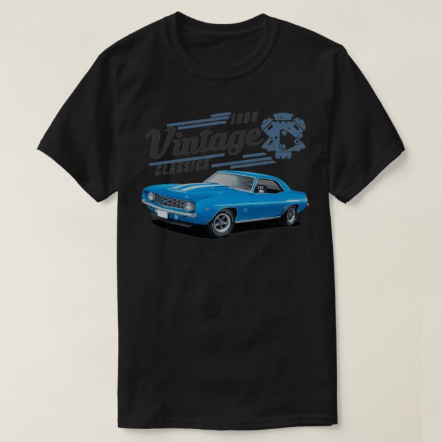 Vintage Blue Camaro och Engine T Shirt (Design framsida)