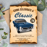 Vintage Blue Car Classic Birthday Invitation Inbjudningar<br><div class="desc">Invite your guests with this vintage birthday party invite featuring a beautiful vintage car and retro typography against a parchment background. Simply add your event details on this easy-to-use template to make it a one-of-a-kind invitation. Flip the card over to reveal a rustic barn wood texture on the back of...</div>