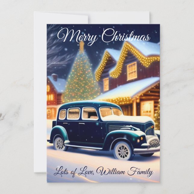 Vintage Blue Car - God jul Julkort (Framsida)