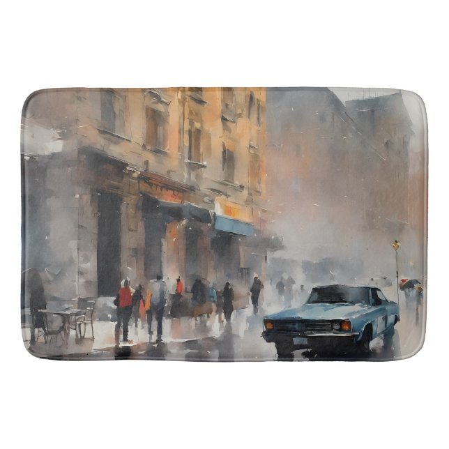 Vintage Blue Car i Foggy Cityscape Badrumsmatta (Framsidan)