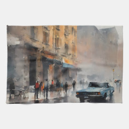 Vintage Blue Car i Foggy Cityscape Kökshandduk