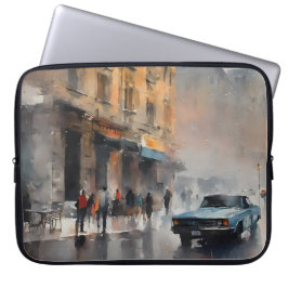 Vintage Blue Car i Foggy Cityscape Laptop Fodral