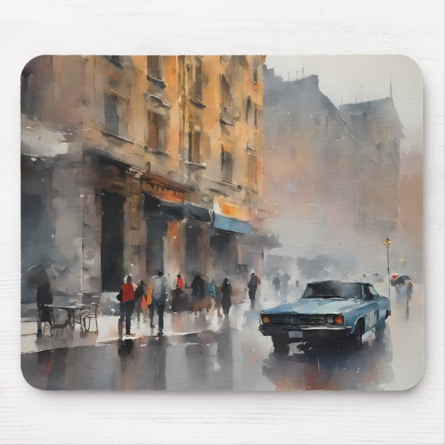 Vintage Blue Car i Foggy Cityscape Musmatta (Framsidan)