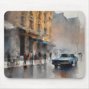 Vintage Blue Car i Foggy Cityscape Musmatta