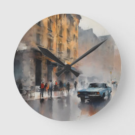 Vintage Blue Car i Foggy Cityscape Rund Klocka