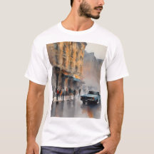 Vintage Blue Car i Foggy Cityscape