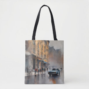 Vintage Blue Car i Foggy Cityscape Tygkasse