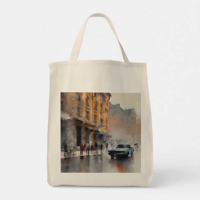 Vintage Blue Car i Foggy Cityscape Tygkasse (Baksida)