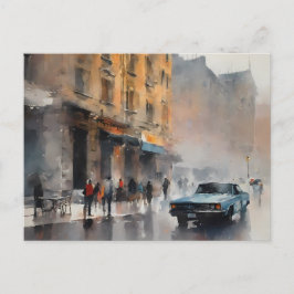 Vintage Blue Car i Foggy Cityscape Vykort