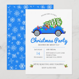 Vintage Blue Car och Träd jul Inbjudningar