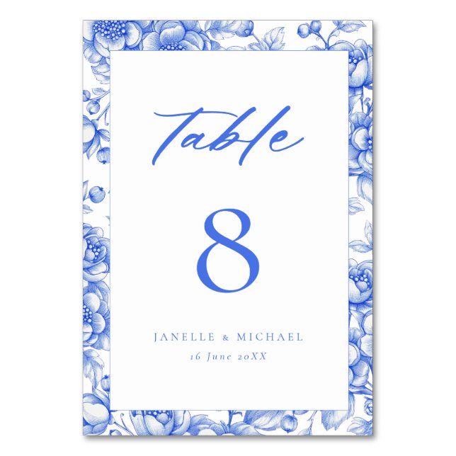 Vintage Blue Chinoiserie Blommigt Bröllop Bordsnummer (Framsidan)