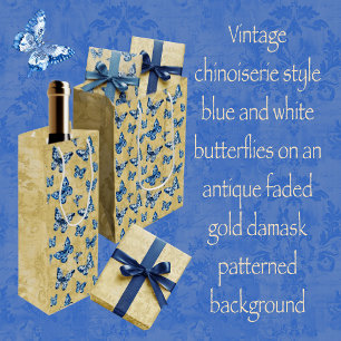 Vintage Blue Chinoiserie Butterflies Damask