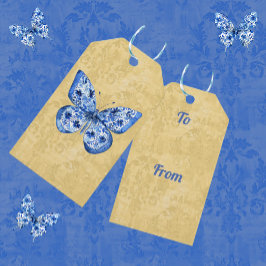 Vintage Blue Chinoiserie Butterflies Damask Presentetikett