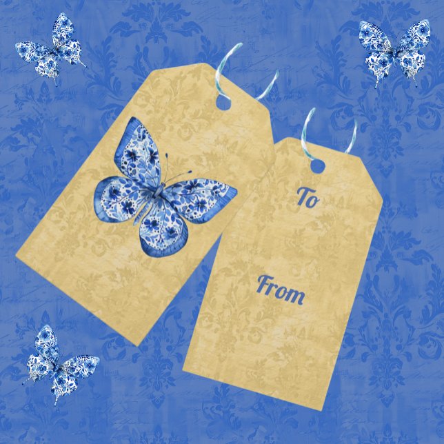 Vintage Blue Chinoiserie Butterflies Damask Presentetikett (Personalize the text!)