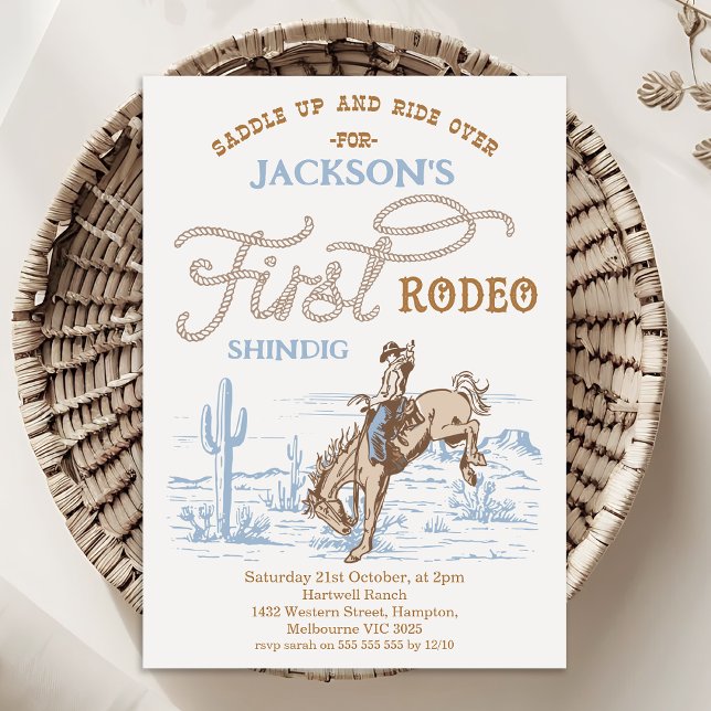 Vintage Blue Cowboy First Rodeo 1st Birthday  Inbjudningar (Boys FIRST RODEO Birthday Invitation Template, Printable Cowboy 1st Birthday Invite, Western Themed)
