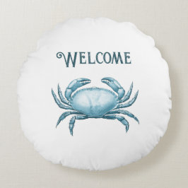 Vintage Blue Crab Nautical Wildlife Beach House Rund Kudde