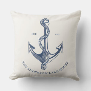 Vintage Blue Cream Nautical Anchor Sjö House Kudde