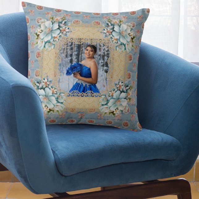 Vintage Blue Damask Quinceañera-minne Kudde (Skapare uppladdad)