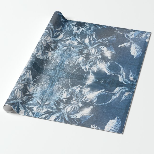 Vintage Blue Embossed Blommigt Motif Mönster Glitt Presentpapper (Utrullad)
