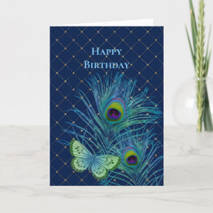 Vintage Blue Feathers Butterfly Birthday Kort
