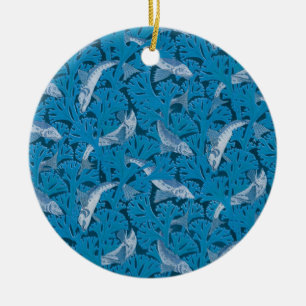 Vintage Blue Fish & Sjögräs: Art nouveau Nautical Julgransprydnad Keramik