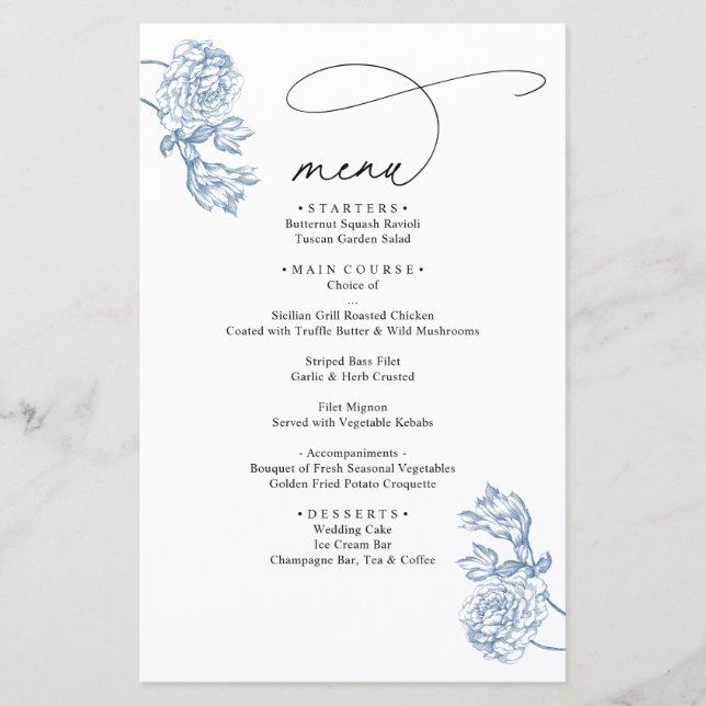 Vintage Blue Floral Modern Script Wedding Menu (Framsida)