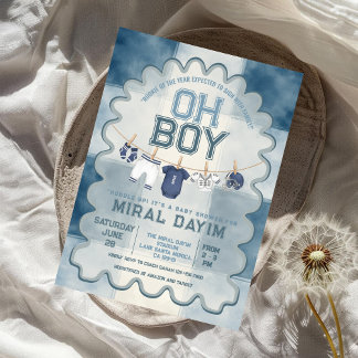 Vintage Blue Football Oh Boy Baby Shower Inbjudningar